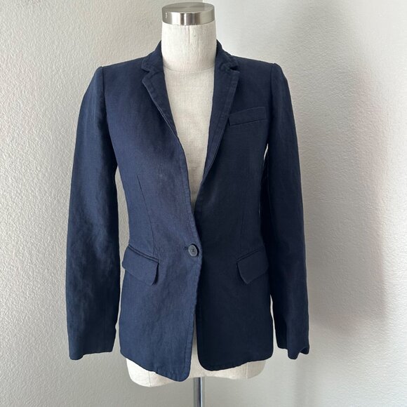 J. Crew Navy Blue Linen Tailored Blazer Single Button Closure Womens 00 - Picture 1 of 13